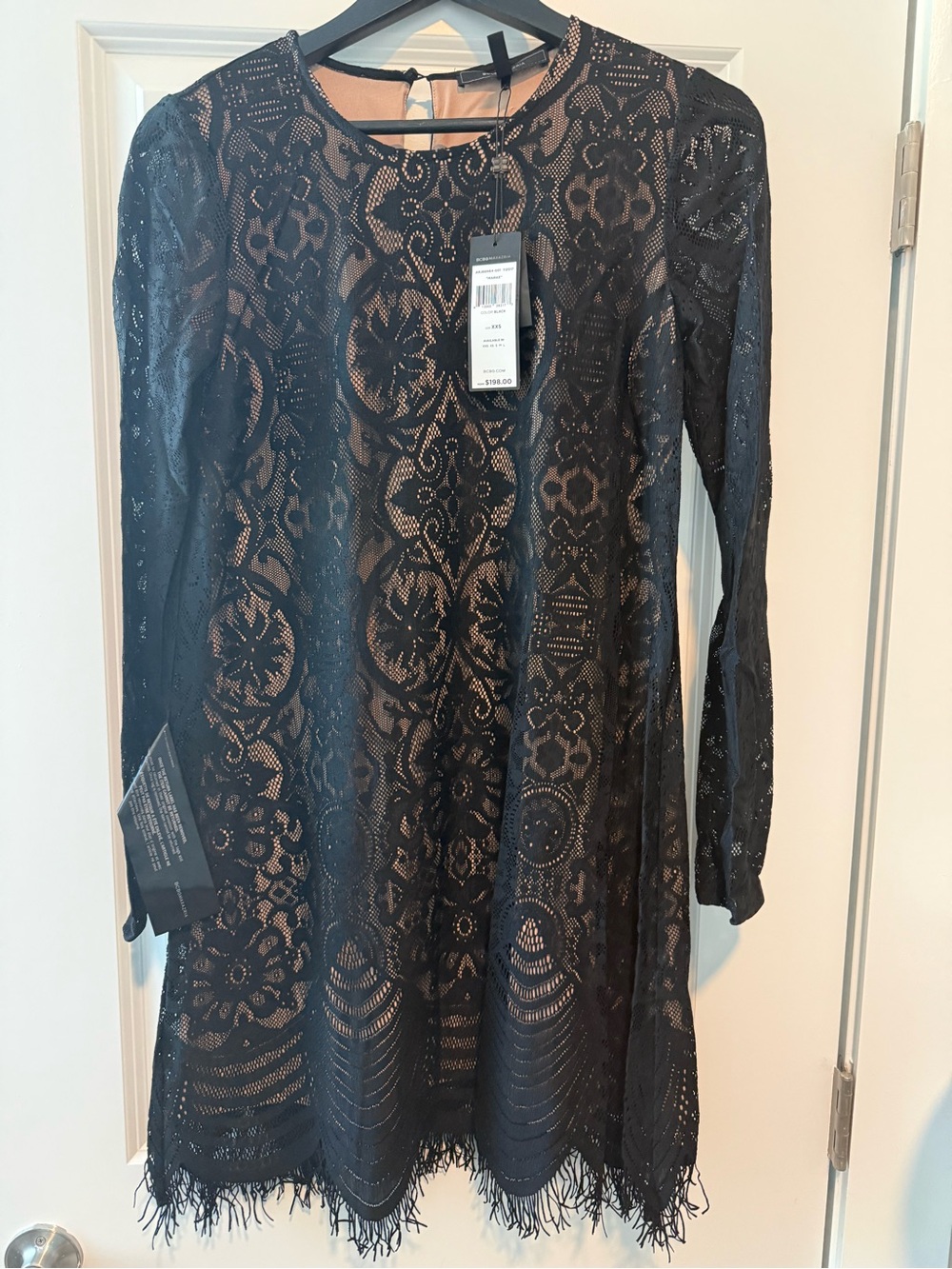 BCBGMaxAzria Black Lace Long-Sleeve Shift Dress with Fringe Hem